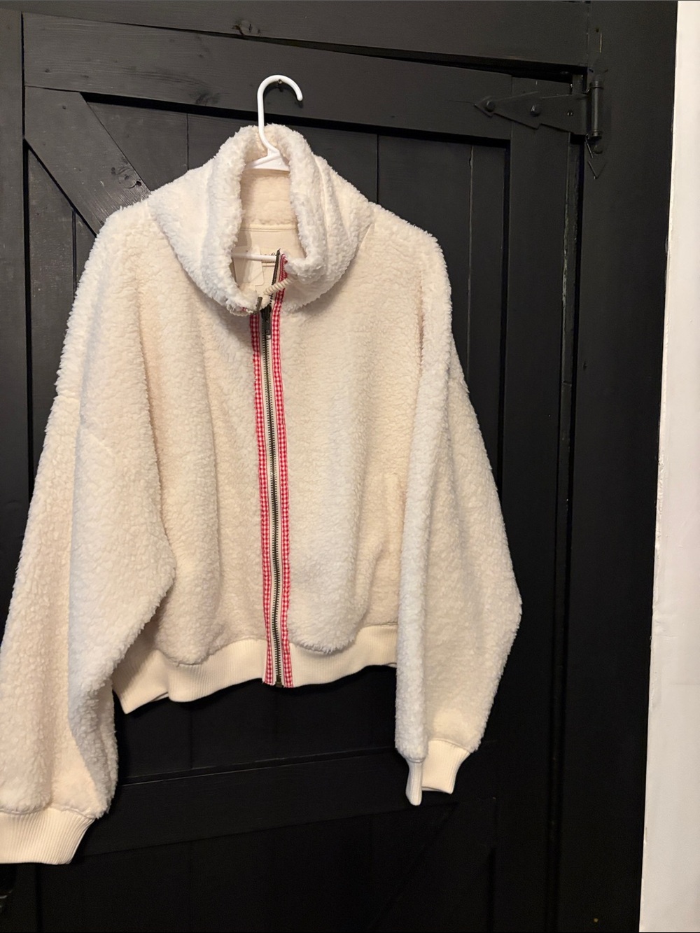 Free People Cream Teddy Sherpa Jacket with Pink-Trim Zip